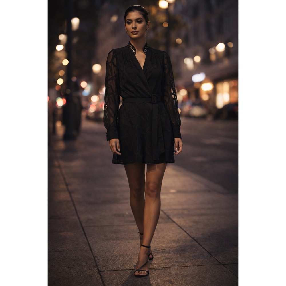 Suncoo Paris Sheer Sleeve Wrap Mini Dress Black Textured‎ L